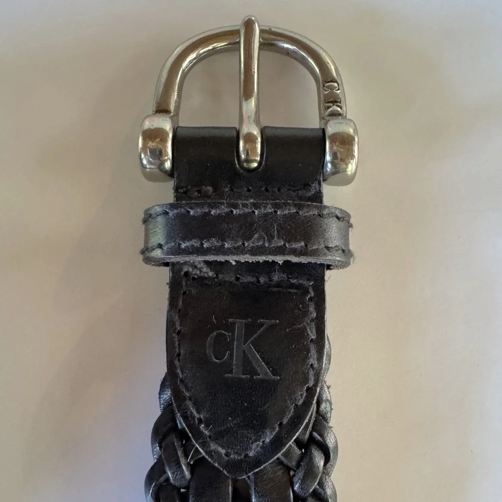 Calvin Klein Men's Black Braided Leather Belt, Size 42, Silvertone Brass Buckle